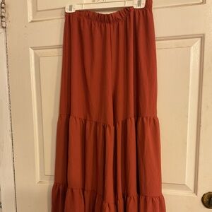Hippie Style Tiered Ruffled Wide Leg Pants Elastic Waist 30X27 Rusty Color